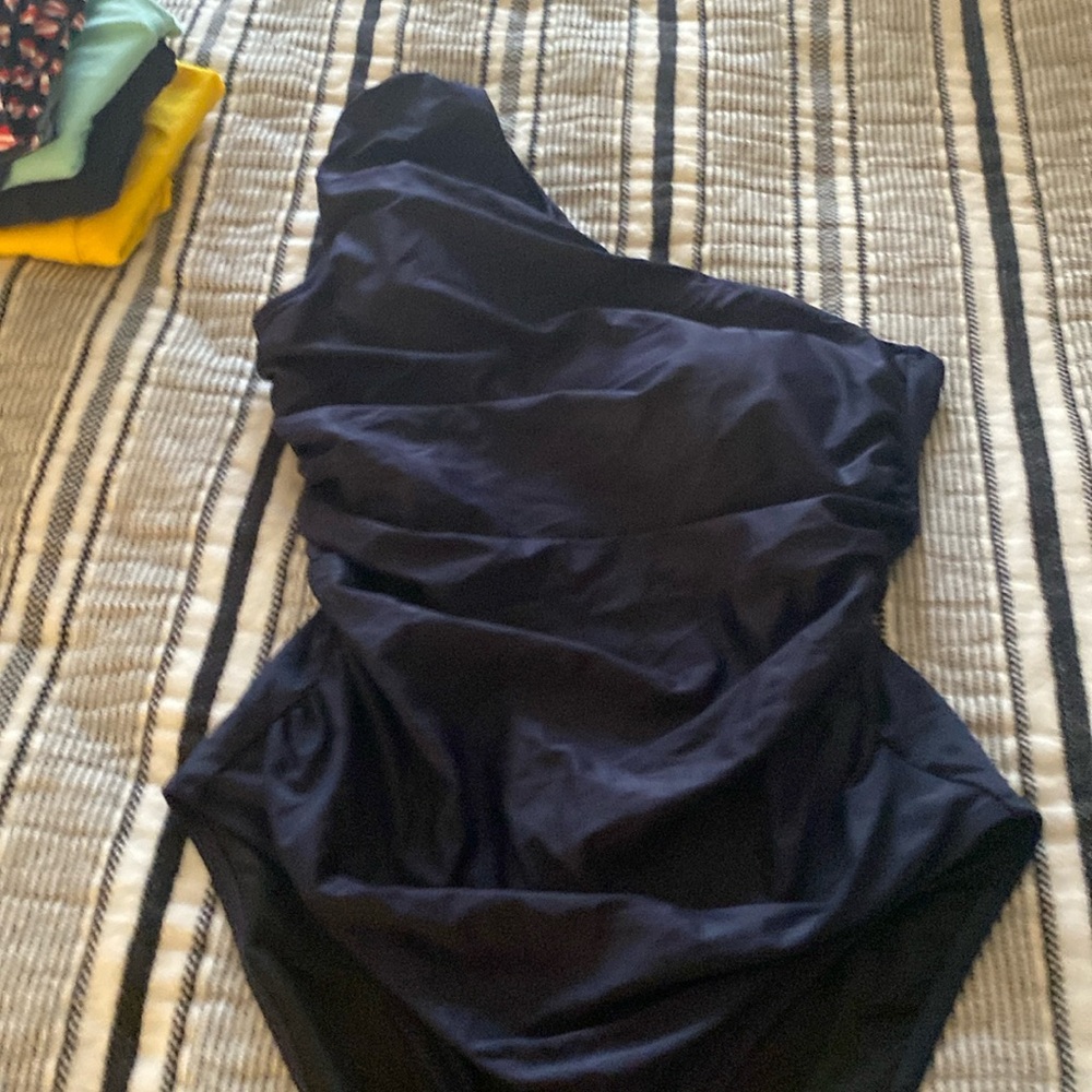 Jcrew one shoulder ruched navy.  Size 14